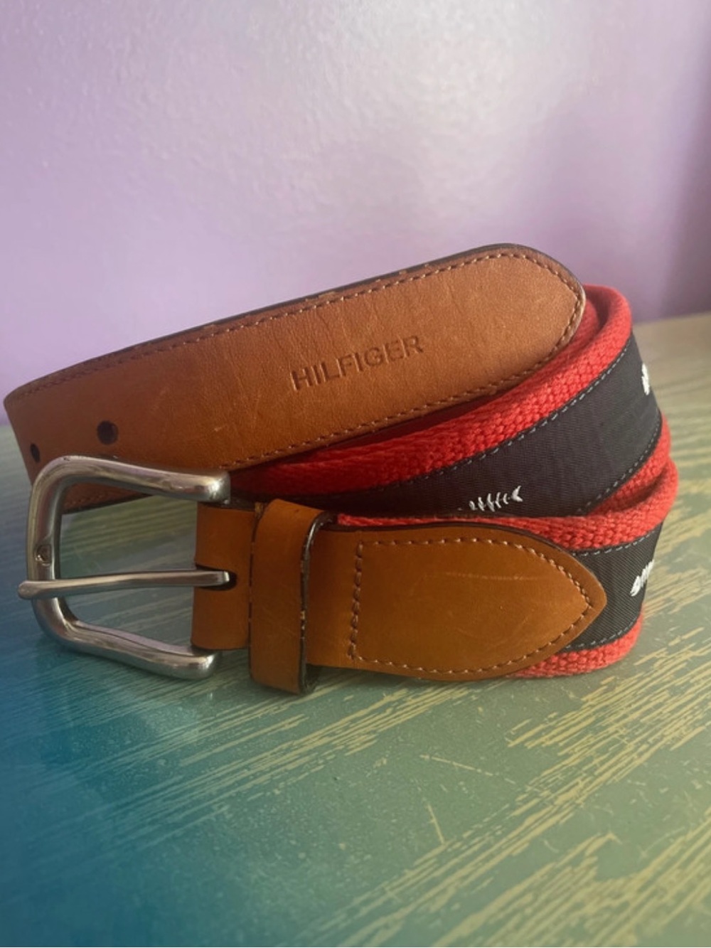 Vintage Tommy Hilfiger Woven/Leather Nautical Fish Scales Belt Size 40/100